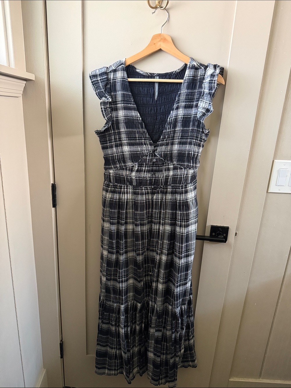 Anthropologie Black and White Plaid V-Neck Maxi Dress